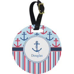 Anchors & Stripes Plastic Luggage Tag - Round (Personalized)