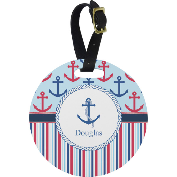 Custom Anchors & Stripes Plastic Luggage Tag - Round (Personalized)