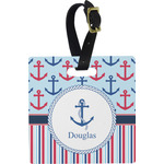 Anchors & Stripes Plastic Luggage Tag - Square w/ Name or Text