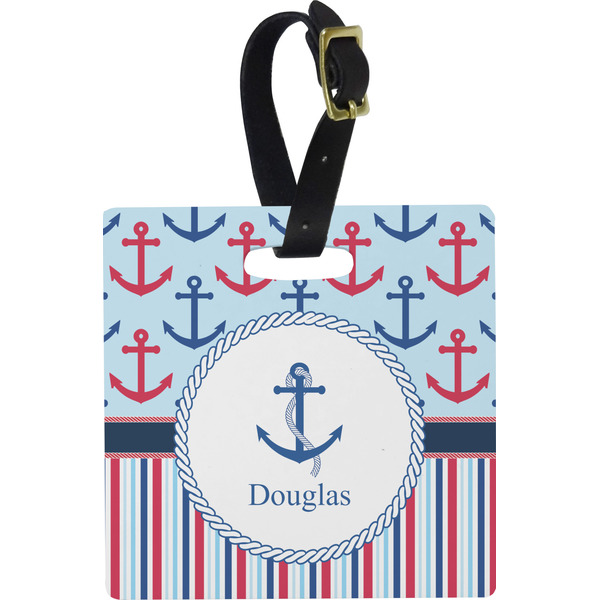 Custom Anchors & Stripes Plastic Luggage Tag - Square w/ Name or Text