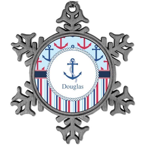 Custom Anchors & Stripes Vintage Snowflake Ornament (Personalized)