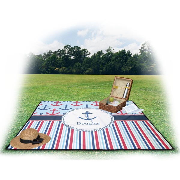 Anchors & Stripes Picnic Blanket - with Basket Hat and Book - in Use