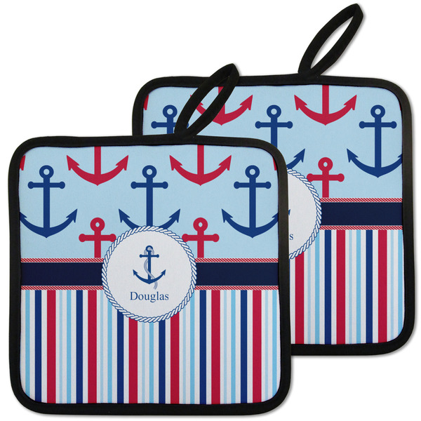 Custom Anchors & Stripes Pot Holders - Set of 2 w/ Name or Text