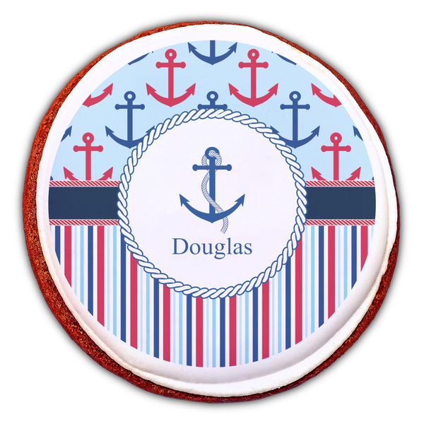 Anchors & Stripes Printed Icing Circle - Large - On Cookie