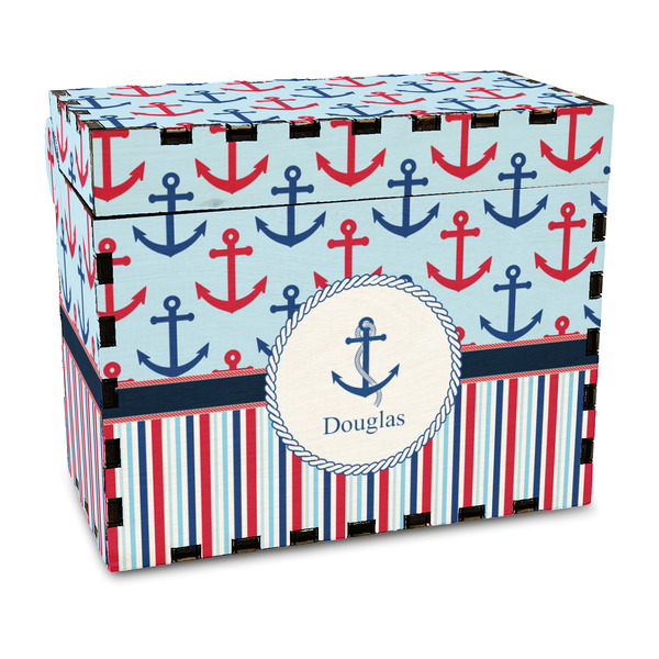Custom Anchors & Stripes Wood Recipe Box - Full Color Print (Personalized)