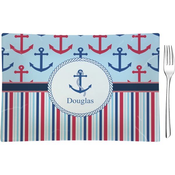 Custom Anchors & Stripes Rectangular Glass Appetizer / Dessert Plate - Single or Set (Personalized)