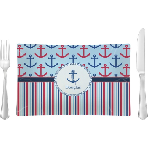 Custom Anchors & Stripes Glass Rectangular Lunch / Dinner Plate (Personalized)