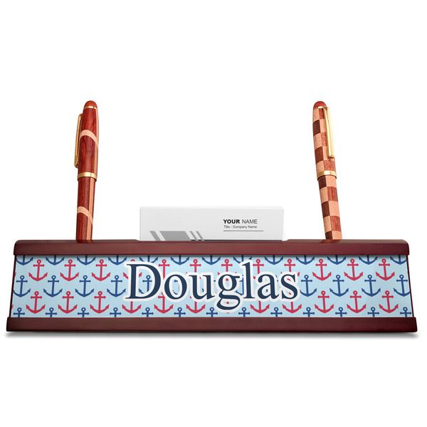 Anchors & Stripes Red Mahogany Nameplates with Business Card Holder - Straight