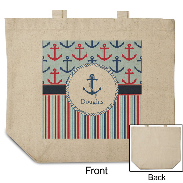 Anchors & Stripes Reusable Cotton Grocery Bag - Front & Back View