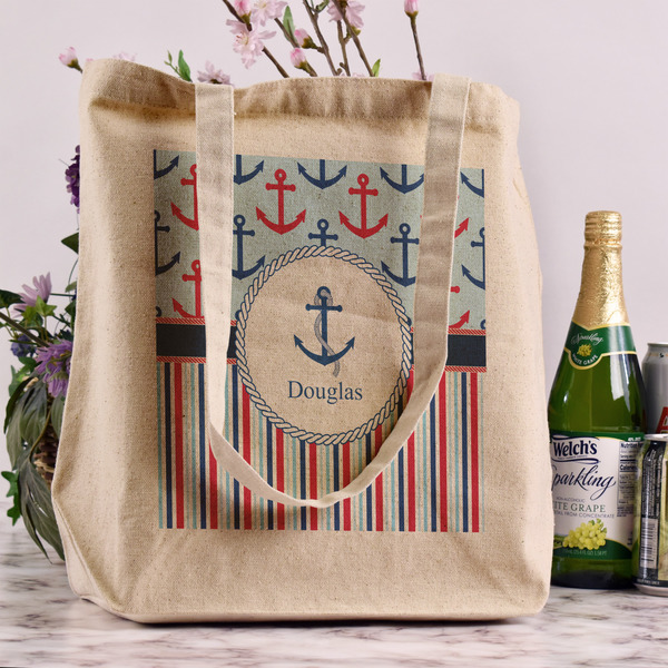 Anchors & Stripes Reusable Cotton Grocery Bag - In Context
