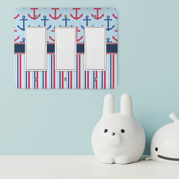 Anchors & Stripes Rocker Light Switch Covers - Triple - IN CONTEXT
