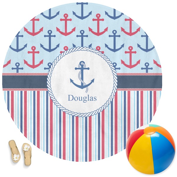 Custom Anchors & Stripes Round Beach Towel (Personalized)