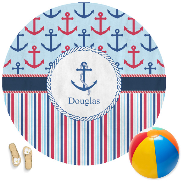 Custom Anchors & Stripes Round Beach Towel (Personalized)