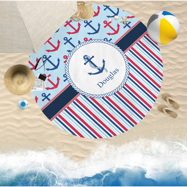 Anchors & Stripes Round Beach Towel Lifestyle