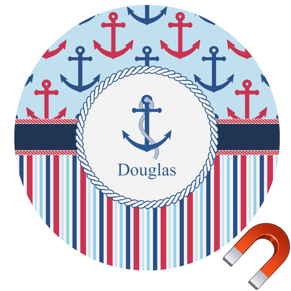 Custom Anchors & Stripes Round Car Magnet - 6" (Personalized)
