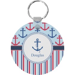 Anchors & Stripes Round Plastic Keychain (Personalized)
