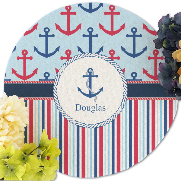 Anchors & Stripes Round Linen Placemats - Front (w flowers)