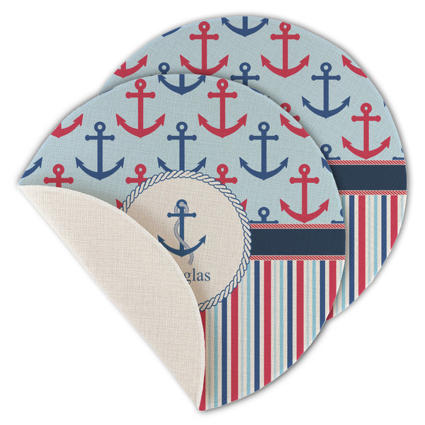 Custom Anchors & Stripes Round Linen Placemat - Single Sided - Set of 4 (Personalized)