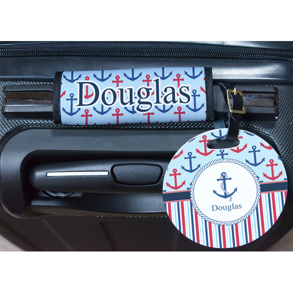 Anchors & Stripes Round Luggage Tag & Handle Wrap - In Context