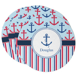 Anchors & Stripes Round Paper Coasters w/ Name or Text