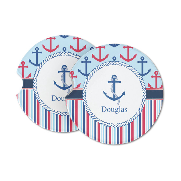 Custom Anchors & Stripes Sandstone Car Coasters - Set of 2 (Personalized)