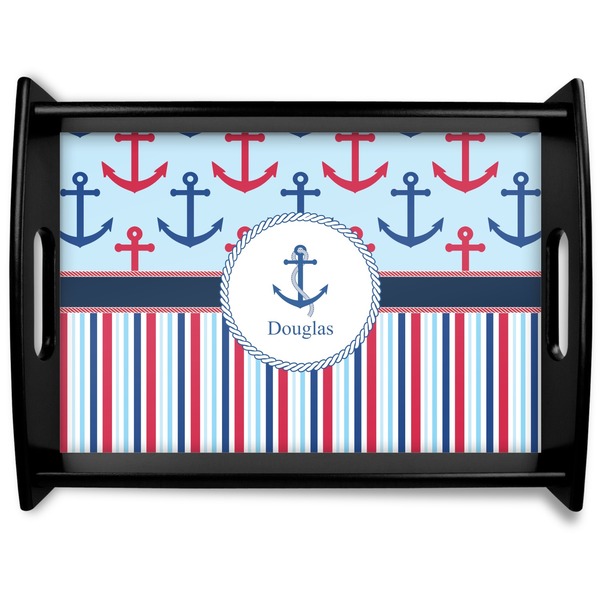 Custom Anchors & Stripes Black Wooden Tray - Large (Personalized)