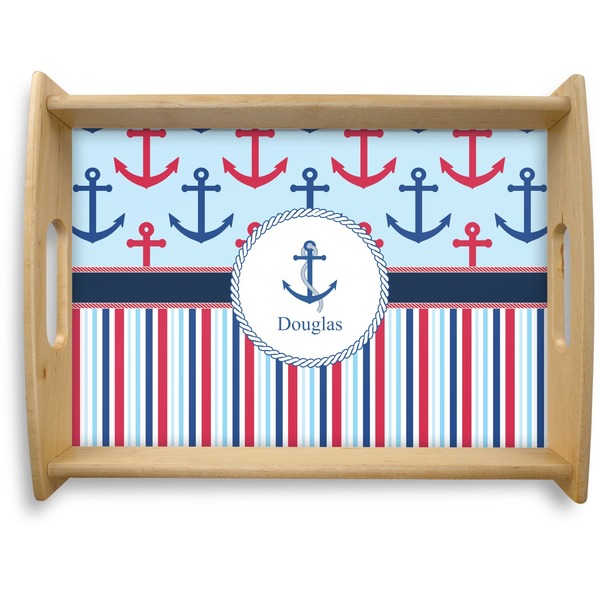 Custom Anchors & Stripes Natural Wooden Tray - Large (Personalized)