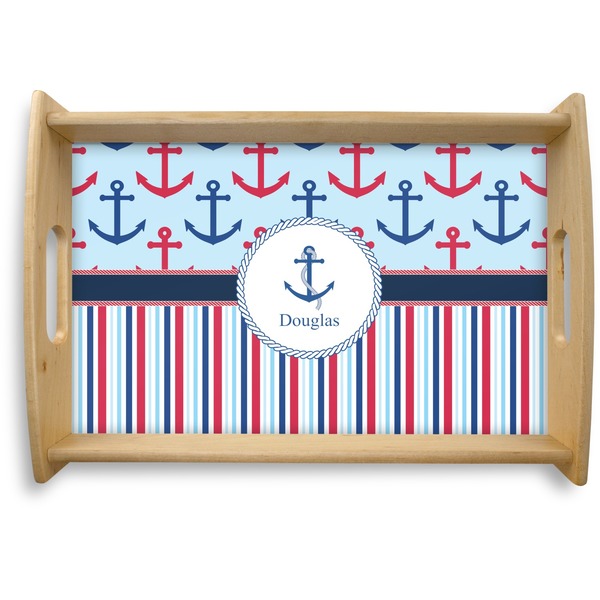 Custom Anchors & Stripes Natural Wooden Tray - Small (Personalized)