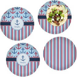 Anchors & Stripes Set of 4 Glass Lunch / Dinner Plate 10" (Personalized)