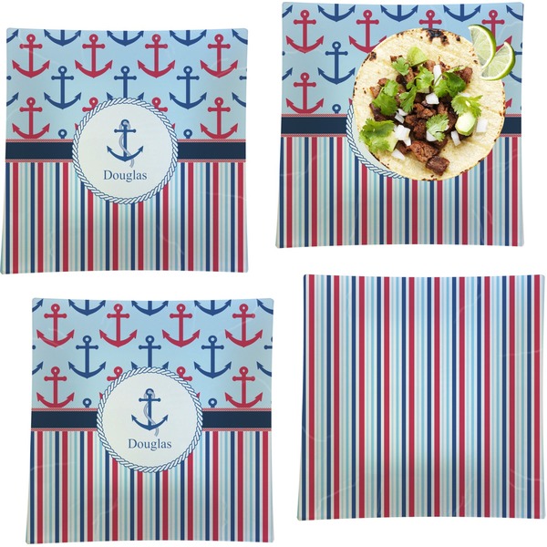 Custom Anchors & Stripes Set of 4 Glass Square Lunch / Dinner Plate 9.5" (Personalized)