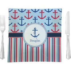 Anchors & Stripes 9.5" Glass Square Lunch / Dinner Plate- Single or Set of 4 (Personalized)