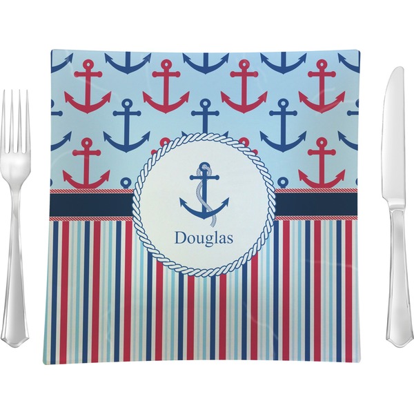 Custom Anchors & Stripes 9.5" Glass Square Lunch / Dinner Plate- Single or Set of 4 (Personalized)