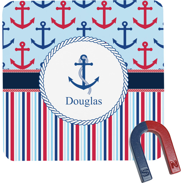 Custom Anchors & Stripes Square Fridge Magnet (Personalized)