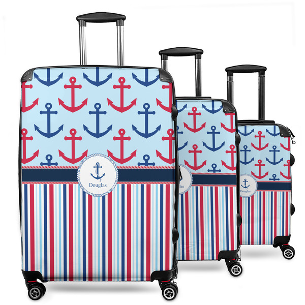Custom Anchors & Stripes 3 Piece Luggage Set - 20" Carry On, 24" Medium Checked, 28" Large Checked (Personalized)