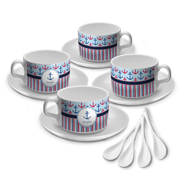 Custom Anchors & Stripes Tea Cup - Set of 4 (Personalized)