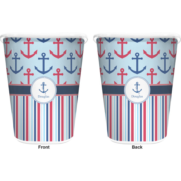 Anchors & Stripes Trash Can White - Front and Back - Apvl
