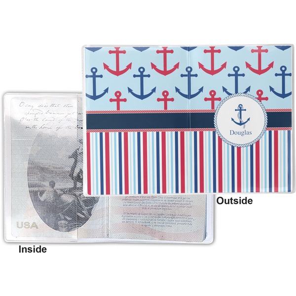 Anchors & Stripes Vinyl Passport Holder - Flat Front and Back