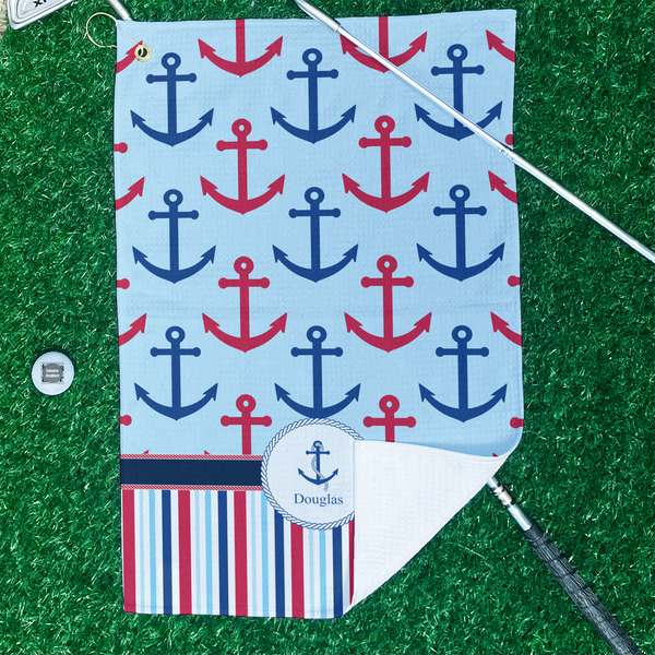 Anchors & Stripes Waffle Weave Golf Towel - In Context