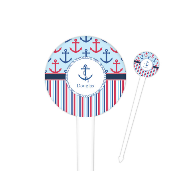 Custom Anchors & Stripes 4" Round Plastic Food Picks - White - Double Sided (Personalized)