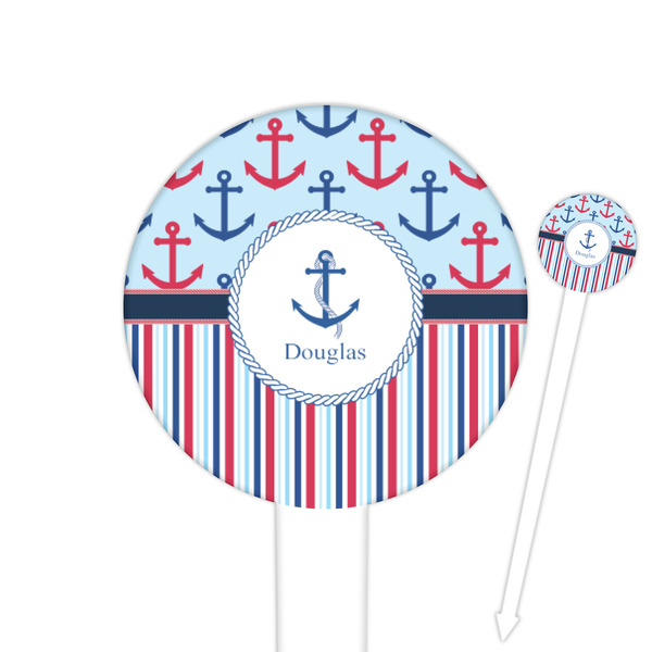 Custom Anchors & Stripes 6" Round Plastic Food Picks - White - Single Sided (Personalized)