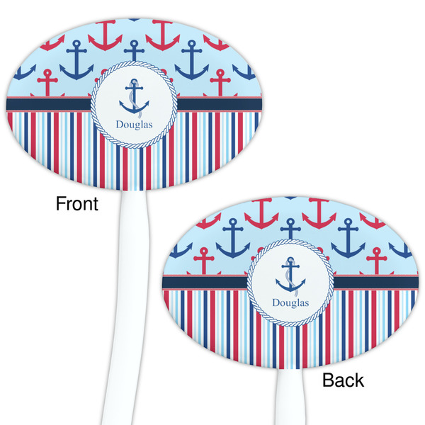 Anchors & Stripes White Plastic 7" Stir Stick - Double Sided - Oval - Front & Back