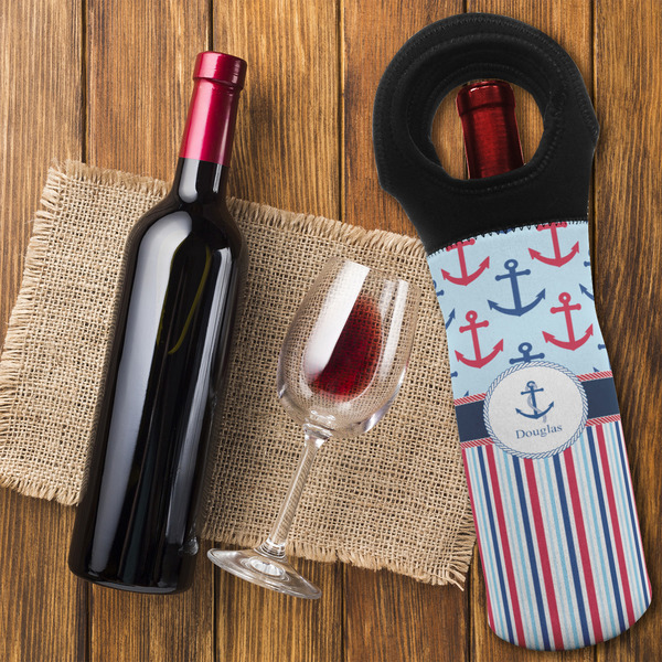 Anchors & Stripes Wine Tote Bag - FLATLAY