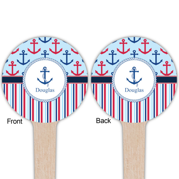 Anchors & Stripes Wooden 4" Food Pick - Round - Double Sided - Front & Back