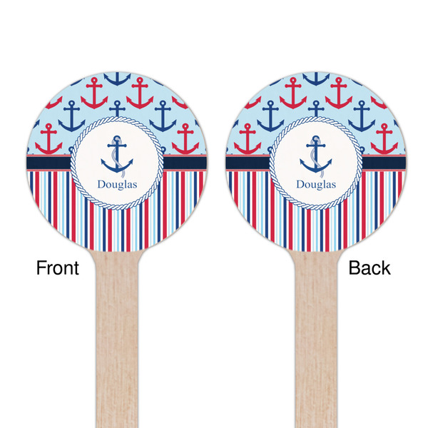 Anchors & Stripes Wooden 7.5" Stir Stick - Round - Double Sided - Front & Back