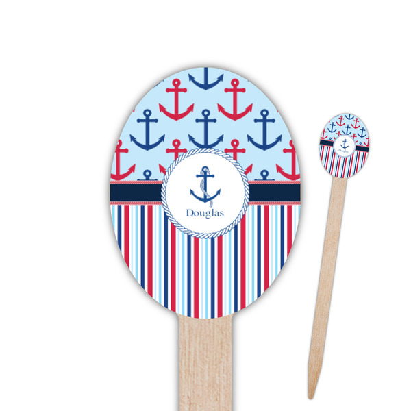 Custom Anchors & Stripes Oval Wooden Food Picks - Single Sided (Personalized)