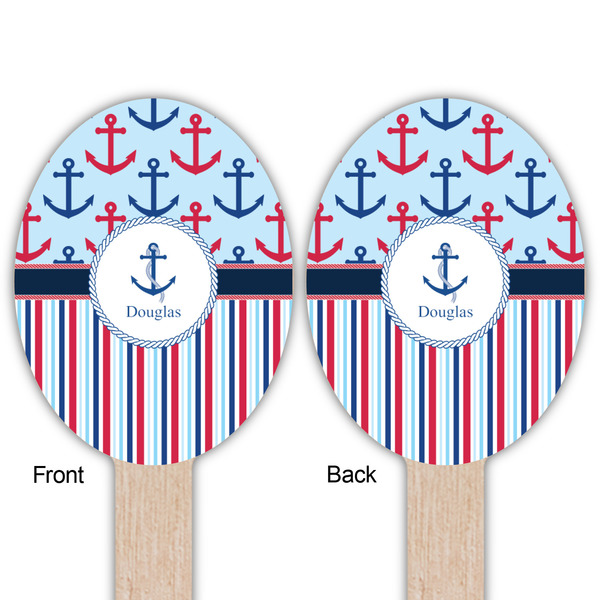 Anchors & Stripes Wooden Food Pick - Oval - Double Sided - Front & Back