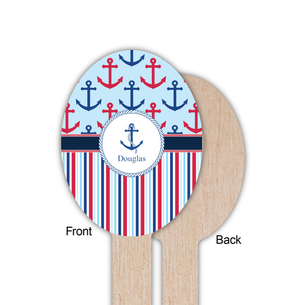 Anchors & Stripes Wooden Food Pick - Oval - Single Sided - Front & Back