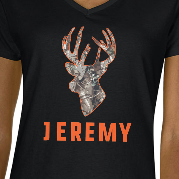 Hunting Camo Black V-Neck T-Shirt on Model - CloseUp