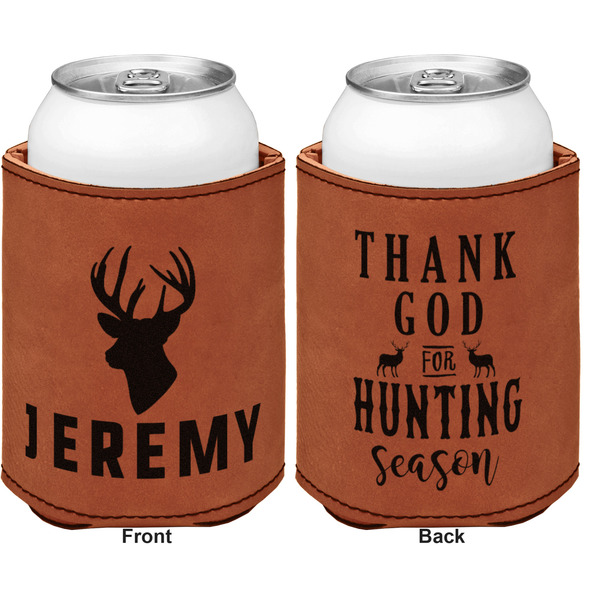 Hunting Camo Cognac Leatherette Can Sleeve - Double Sided Front and Back