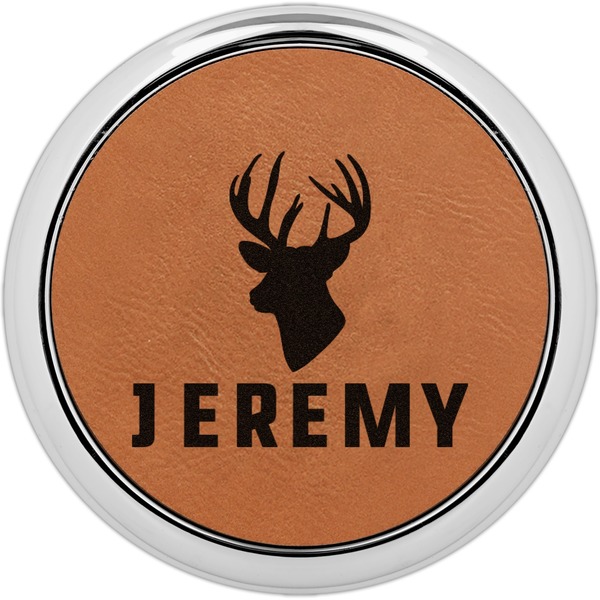 Custom Hunting Camo Set of 4 Leatherette Round Coasters w/ Silver Edge (Personalized)